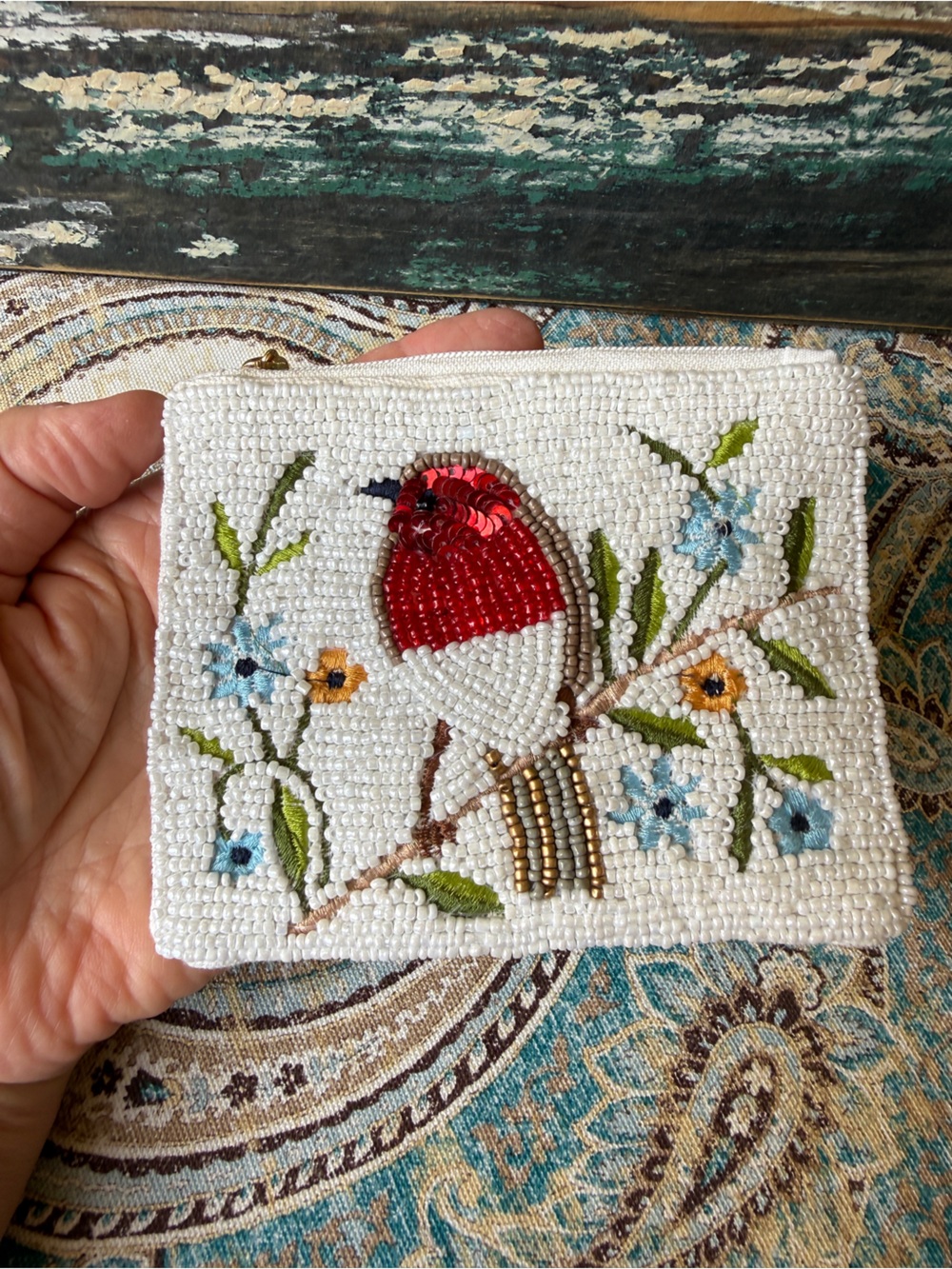 Beaded Sequin Red Bird Coin Purse Floral Zip Pouch Vintage